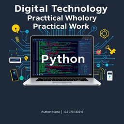 A visually striking cover page design for 'Digital Technology Practical Work' featuring a prominent Python programming interface