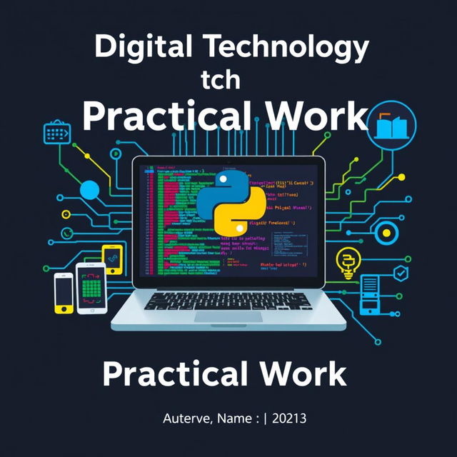 A visually striking cover page design for 'Digital Technology Practical Work' featuring a prominent Python programming interface