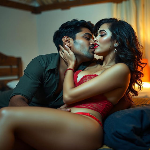 Sensual scene featuring a woman inspired by Nushrat Bharucha as a college girl, dressed in sexy lingerie and bold red lipstick