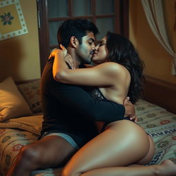Sensual scene featuring a woman inspired by Nushrat Bharucha as a college girl, dressed in sexy lingerie and bold red lipstick