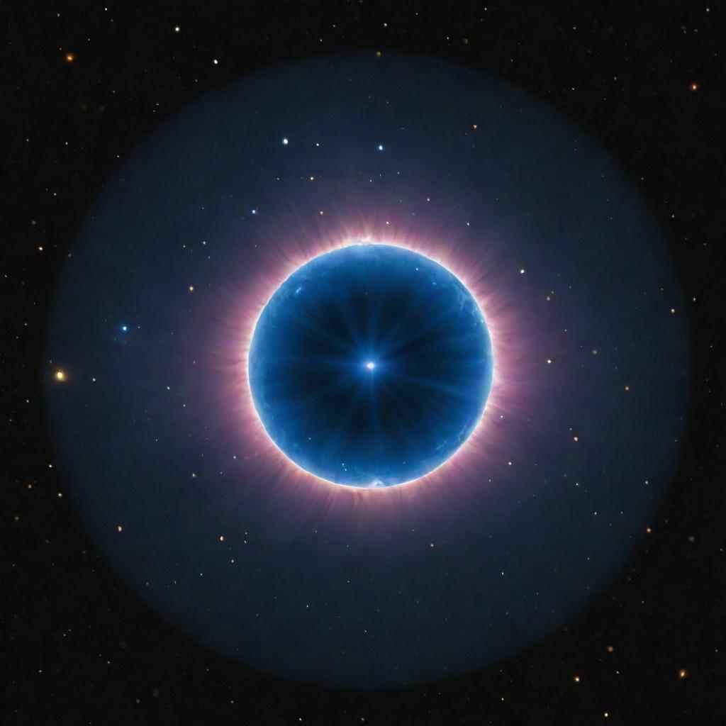 Visualize a neutron star: dense and small yet extraordinarily massive, emitting intense radiation, with a deep blue hue and situated in the realm of twinkling stars