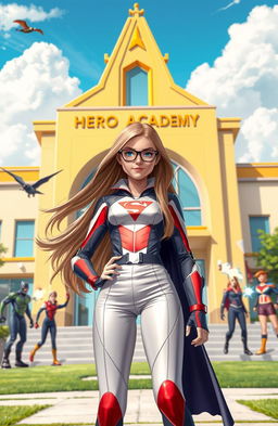 A vibrant and dynamic scene depicting a teenage girl with long flowing hair, wearing a stylish superhero costume, standing in front of a grand boarding school named 'Hero Academy
