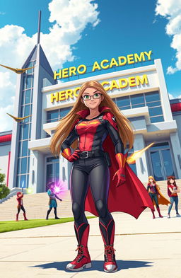 A vibrant and dynamic scene depicting a teenage girl with long flowing hair, wearing a stylish superhero costume, standing in front of a grand boarding school named 'Hero Academy