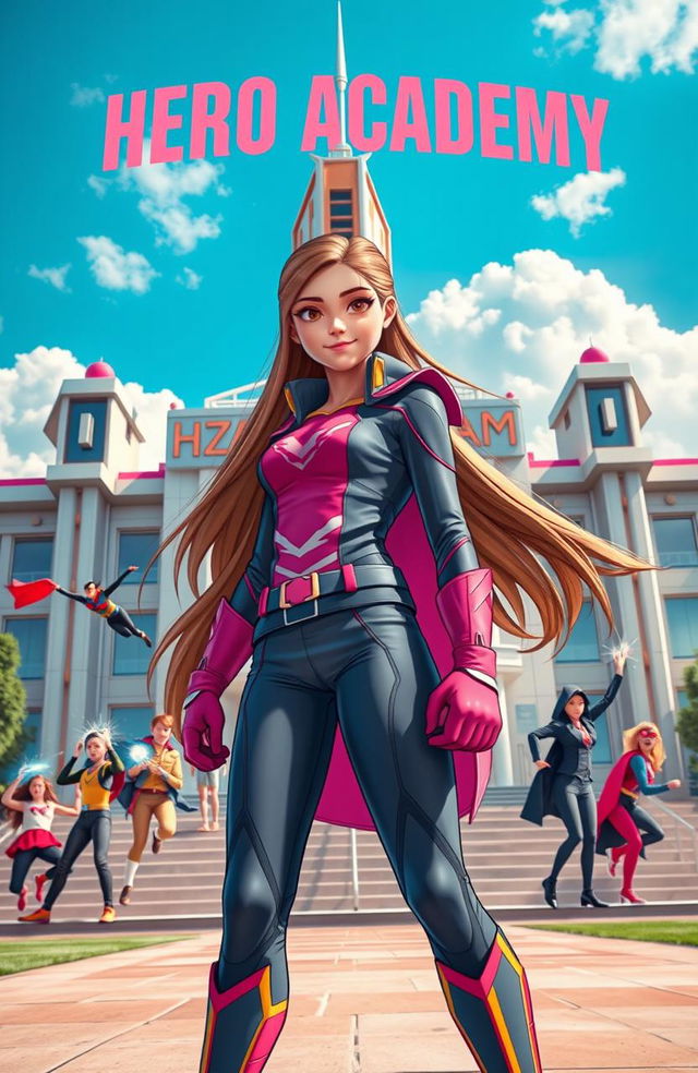 A vibrant and dynamic scene depicting a teenage girl with long flowing hair, wearing a stylish superhero costume, standing in front of a grand boarding school named 'Hero Academy