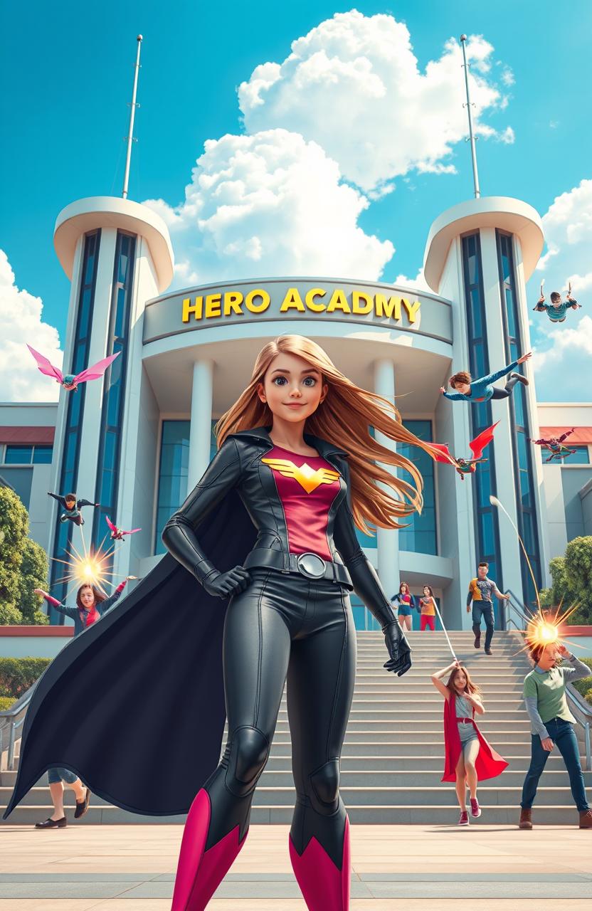 A vibrant and dynamic scene depicting a teenage girl with long flowing hair, wearing a stylish superhero costume, standing in front of a grand boarding school named 'Hero Academy