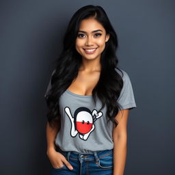 A beautiful Central Asian woman with a round face and bright skin, featuring captivating black eyes that always sparkle with a playful smile