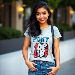 A beautiful Central Asian woman with a round face and bright skin, featuring captivating black eyes that always sparkle with a playful smile