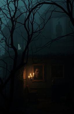 A dark, atmospheric horror mystery scene set in an eerie, abandoned mansion