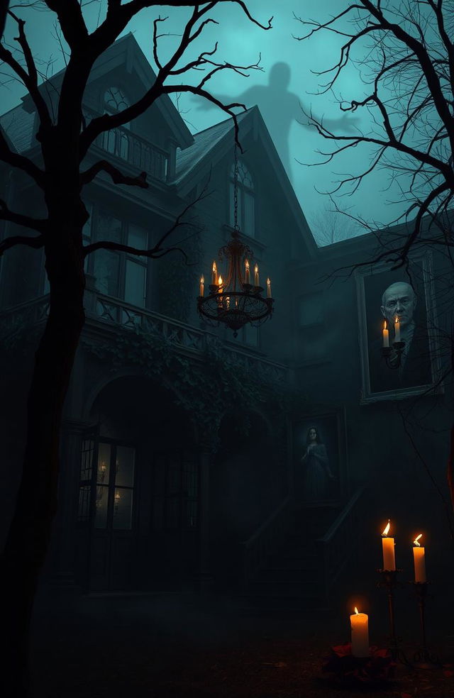 A dark, atmospheric horror mystery scene set in an eerie, abandoned mansion