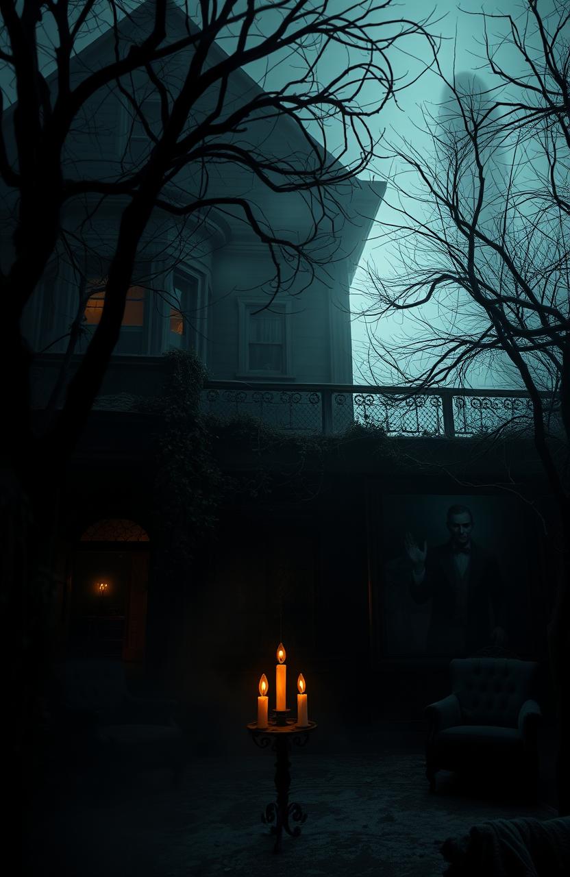 A dark, atmospheric horror mystery scene set in an eerie, abandoned mansion