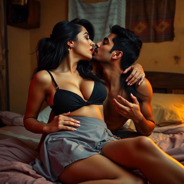 Sensual scene featuring a woman inspired by Nushrat Bharucha as a college girl, wearing a sexy short skirt and bold red lipstick, showcasing her navel and cleavage