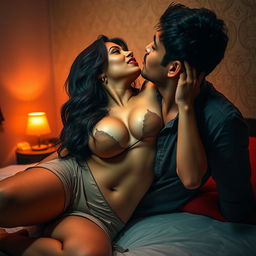 Sensual scene depicting a woman inspired by Nushrat Bharucha as a college girl, wearing a sexy short skirt and bold red lipstick, showcasing her navel and cleavage