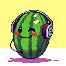 A pixel art watermelon wearing headphones, vibrant colors, detailed pixelated texture, energetic and fun aesthetic, set against a bright background