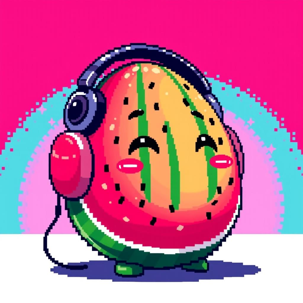 A pixel art watermelon wearing headphones, vibrant colors, detailed pixelated texture, energetic and fun aesthetic, set against a bright background