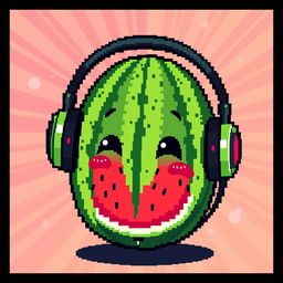 A pixel art watermelon wearing headphones, vibrant colors, detailed pixelated texture, energetic and fun aesthetic, set against a bright background