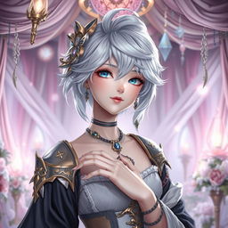 A character in an imaginative fantasy setting, featuring a young woman with silver hair styled elegantly