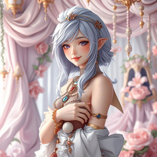 A character in an imaginative fantasy setting, featuring a young woman with silver hair styled elegantly