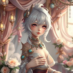 A character in an imaginative fantasy setting, featuring a young woman with silver hair styled elegantly