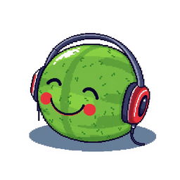 A very ordinary watermelon lying with headphones featuring a microphone on it, pixel art style, no background, detailed pixelated texture, bright colors, playful and whimsical