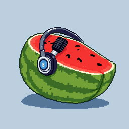 A very ordinary watermelon lying with headphones featuring a microphone on it, pixel art style, no background, detailed pixelated texture, bright colors, playful and whimsical