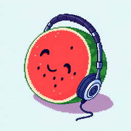 A very ordinary watermelon lying with headphones featuring a microphone on it, pixel art style, no background, detailed pixelated texture, bright colors, playful and whimsical