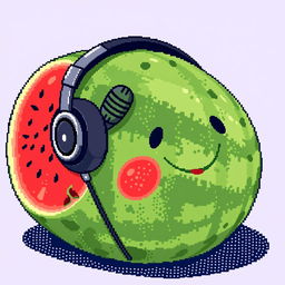 A very ordinary watermelon lying with headphones featuring a microphone on it, pixel art style, no background, detailed pixelated texture, bright colors, playful and whimsical