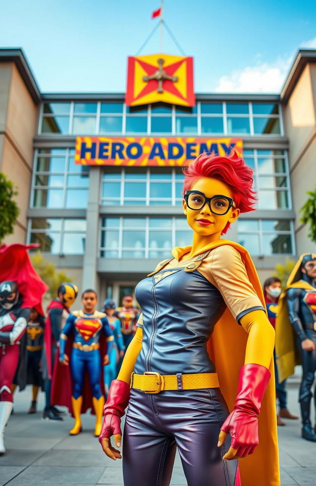 A scene depicting a teenage girl with yellow skin, wearing a vibrant superhero outfit, standing proudly in front of a grand building labeled 'Hero Academy'