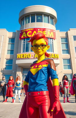 A scene depicting a teenage girl with yellow skin, wearing a vibrant superhero outfit, standing proudly in front of a grand building labeled 'Hero Academy'