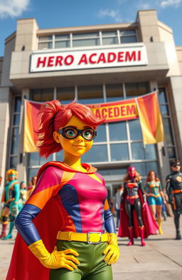 A scene depicting a teenage girl with yellow skin, wearing a vibrant superhero outfit, standing proudly in front of a grand building labeled 'Hero Academy'