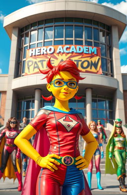 A scene depicting a teenage girl with yellow skin, wearing a vibrant superhero outfit, standing proudly in front of a grand building labeled 'Hero Academy'