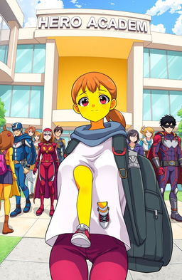 A teenage girl with vibrant yellow skin, unique and striking, arriving at a futuristic superhero boarding school called Hero Academy