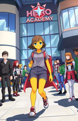 A teenage girl with vibrant yellow skin, unique and striking, arriving at a futuristic superhero boarding school called Hero Academy