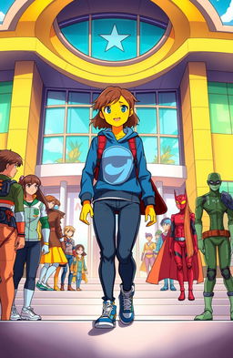 A teenage girl with vibrant yellow skin, unique and striking, arriving at a futuristic superhero boarding school called Hero Academy