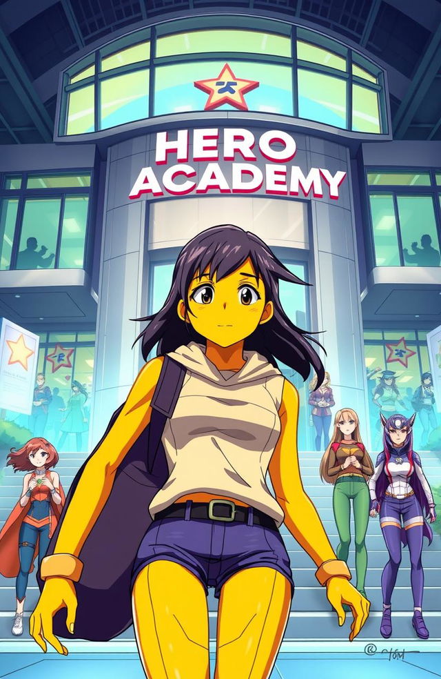 A teenage girl with vibrant yellow skin, unique and striking, arriving at a futuristic superhero boarding school called Hero Academy