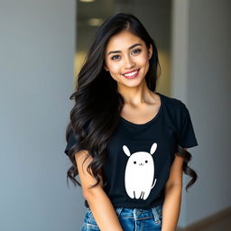 A beautiful Central Asian woman with a round face and bright skin, adorned with captivating black eyes that are always smiling