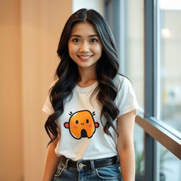 A beautiful Central Asian woman with a round face and bright skin, adorned with captivating black eyes that are always smiling
