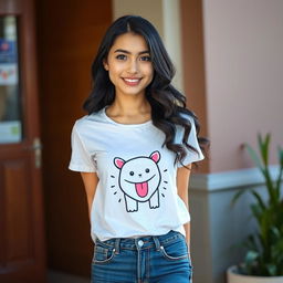 A beautiful Central Asian woman with a round face and bright skin, adorned with captivating black eyes that are always smiling