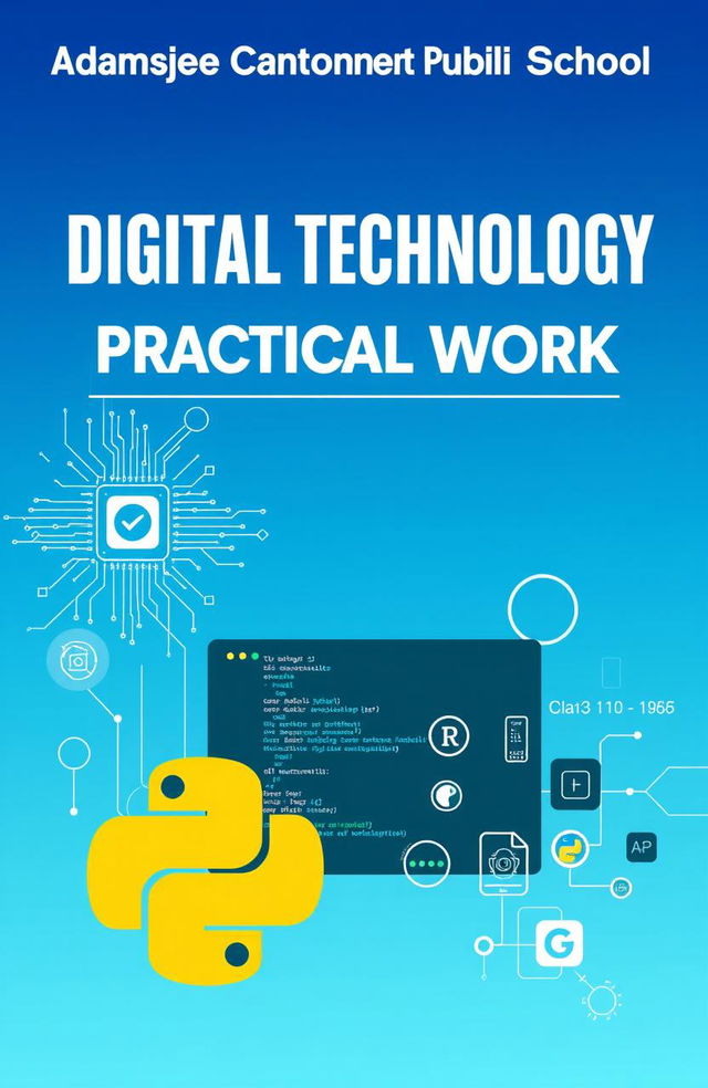 A visually appealing cover page for a digital technology practical work, featuring the school name 'Adamjee Cantonment Public School' prominently at the top