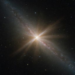 A pulsar star sending out pulsating beams of energy against a deep, dark space backdrop scattered with distant galaxies.