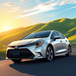 A vibrant and detailed illustration of a 2023 Toyota Corolla, showcasing its sleek design with modern contours, polished metallic finish, and striking LED headlights