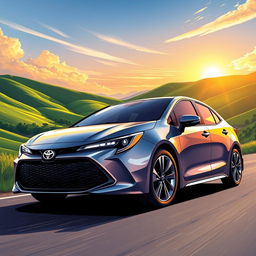 A vibrant and detailed illustration of a 2023 Toyota Corolla, showcasing its sleek design with modern contours, polished metallic finish, and striking LED headlights
