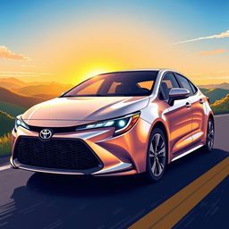 A vibrant and detailed illustration of a 2023 Toyota Corolla, showcasing its sleek design with modern contours, polished metallic finish, and striking LED headlights