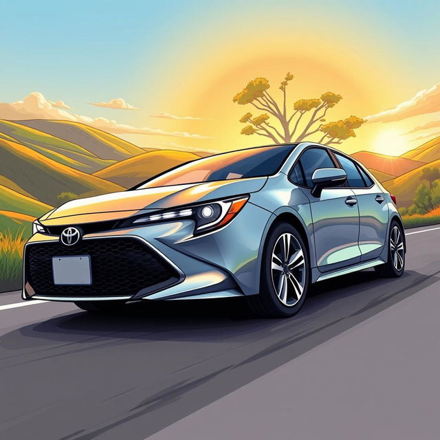 A vibrant and detailed illustration of a 2023 Toyota Corolla, showcasing its sleek design with modern contours, polished metallic finish, and striking LED headlights