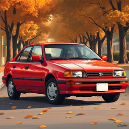 A beautifully detailed illustration of a 1995 Toyota Corolla sedan, highlighting its classic compact design characterized by sharp lines and an iconic shape