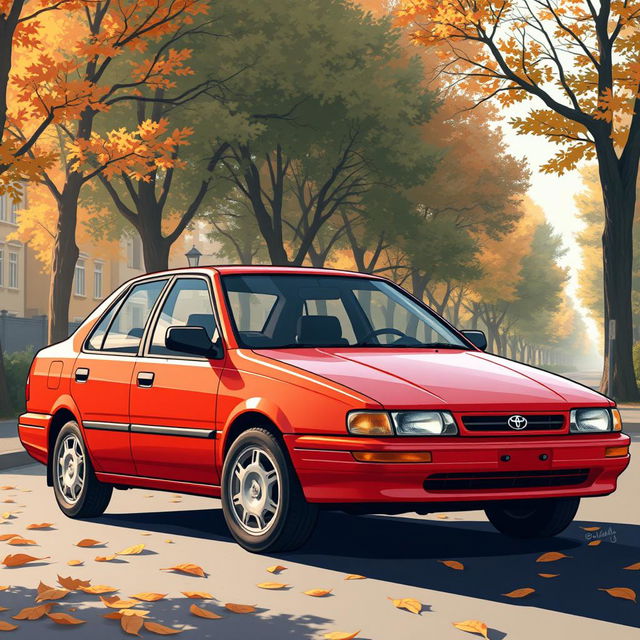 A beautifully detailed illustration of a 1995 Toyota Corolla sedan, highlighting its classic compact design characterized by sharp lines and an iconic shape