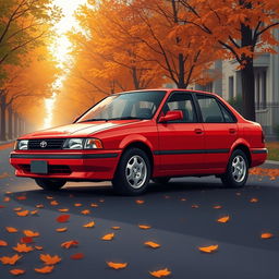 A beautifully detailed illustration of a 1995 Toyota Corolla sedan, highlighting its classic compact design characterized by sharp lines and an iconic shape