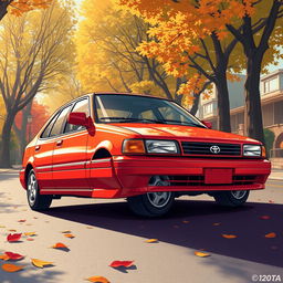 A beautifully detailed illustration of a 1995 Toyota Corolla sedan, highlighting its classic compact design characterized by sharp lines and an iconic shape