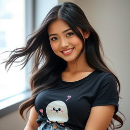 A stunning Central Asian woman with a round face and radiant skin, highlighted by her enticing black eyes that are always smiling