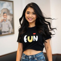 A stunning Central Asian woman with a round face and radiant skin, highlighted by her enticing black eyes that are always smiling