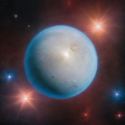 A white dwarf star shining brightly against a vivid nebula background, with close planets reflecting its brilliant light.